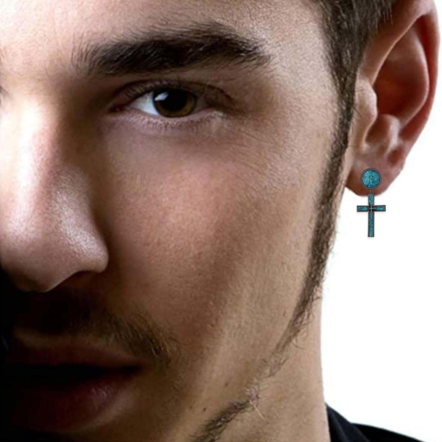 Pendientes de cruz negra de plata de ley 925 con turquesa, aretes colgantes de cruz para mujeres y hombres