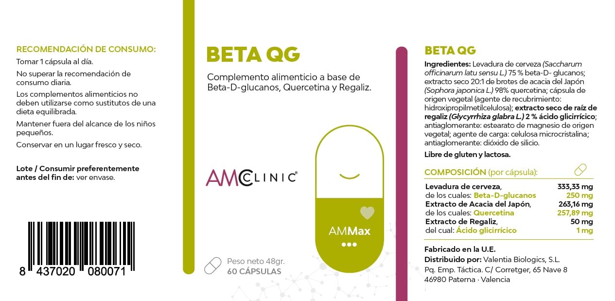 BETA QG - Betaglucano, Quercetina, Suplemento sistema inmunológico. 60 Cápsulas.