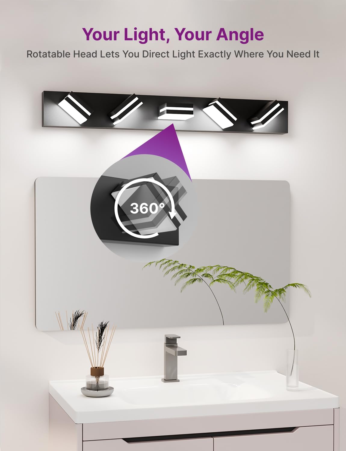 Modern Bathroom Vanity Light, Bathroom Lighting Fixtures Over Mirror, Dimmable LED Vanity Light with Rotating Light Heads, Matte Black (36", 5-Light)