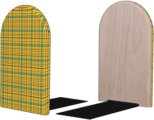 Miniatura 1 de Book Ends for Shelves 1 Pair - Retro Yellow Plaid Print Wood with Metal Base Bookends for Heavy Books, Book Stand Organizer Holder for Books Movies