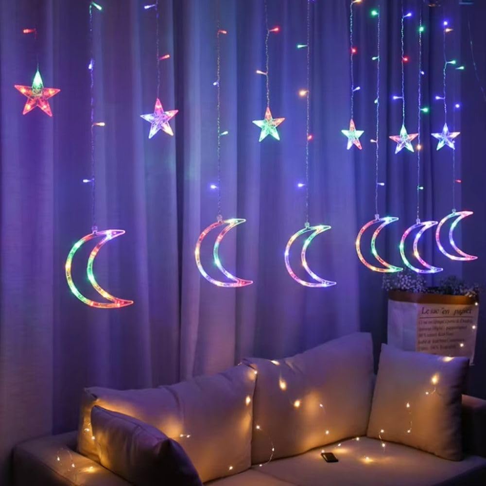 KHIZAR Star Moon LED Curtain String Lights | Eid Mubarak Ramadan Islamic Decor for Home, Window & Wall | Warm White Fairy Lights for Muslim Party, Nikah, Christmas & Festival Decoration (Multi Color)-image-6