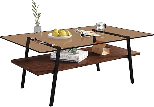 Miniatura 33 de Mesa de centro de cristal para sala de estar, mesa de centro de 2 niveles de mediados de siglo, mesa central con parte superior de vidrio templado