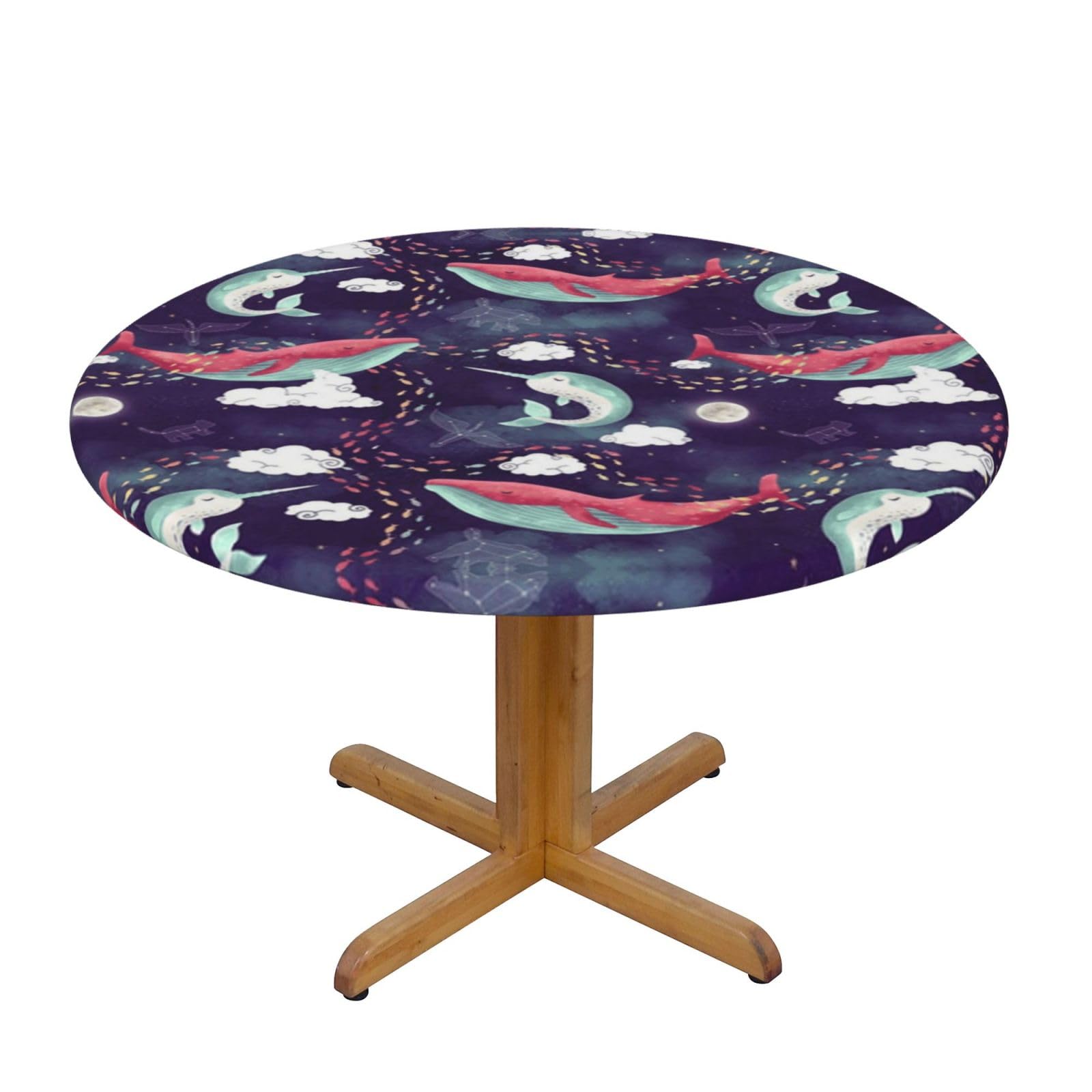 ESNAIUVCD Whale print Waterproof Round Tablecloth,Outdoor Table Cloth with Elastic Edged, Elastic Tablecloth Wipeable, Garden Table Cloth Suitable for sizes 90cm-140cm