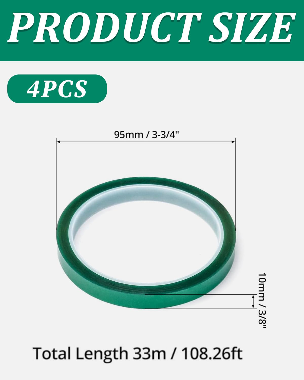 4 rotoli di nastro adesivo per alte temperature, 10mm x 33m, nastro resistente al calore fino a 230°C, per elettronica, circuiti stampati, trasferimento termico (verde)