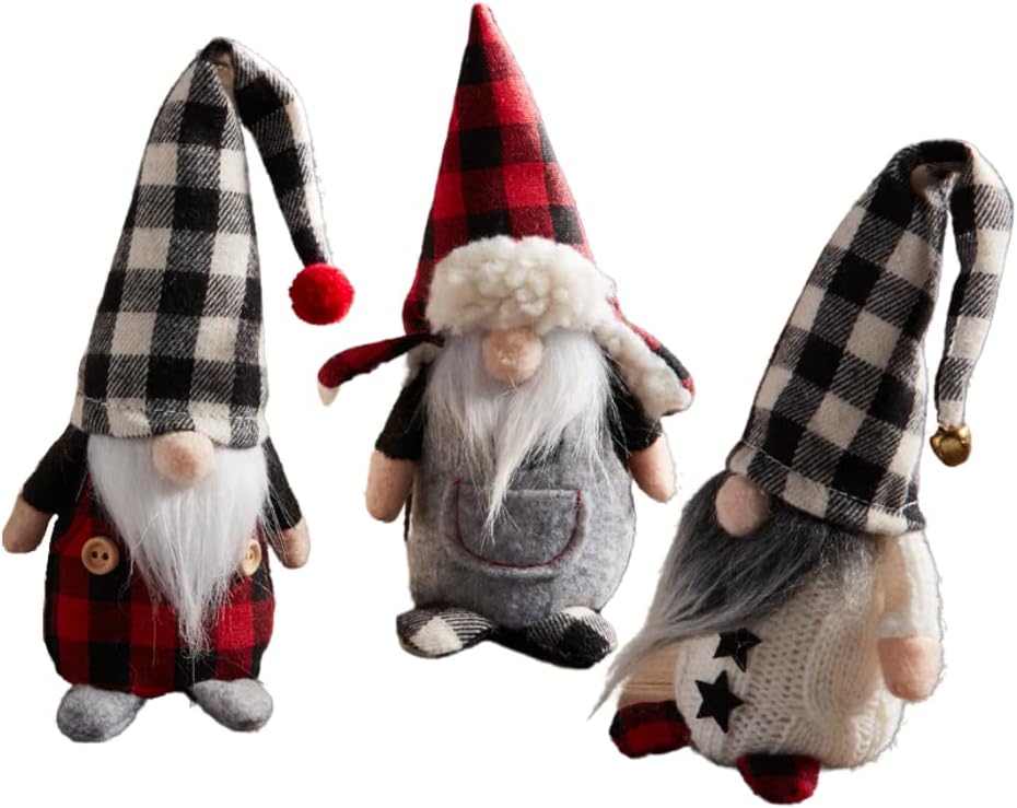Mud Pie Home Lodge Holidays Christmas 6" Cotton, Felt and Knit Gnomes 3 Piece Set, 6" H, Red, Gray, White, Multicolor