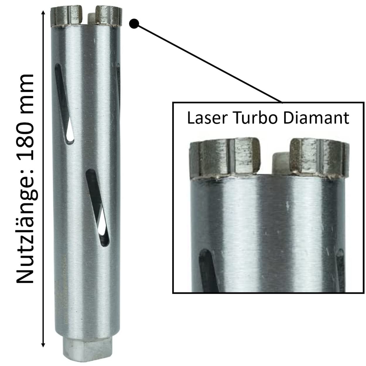 Diamantbohrkrone Laser Turbo Beton Trocken M16 Kernbohrer für Beton, leicht armierten Beton, Mauerwerk & Ziegel NL: 180mm | Ø 82mm