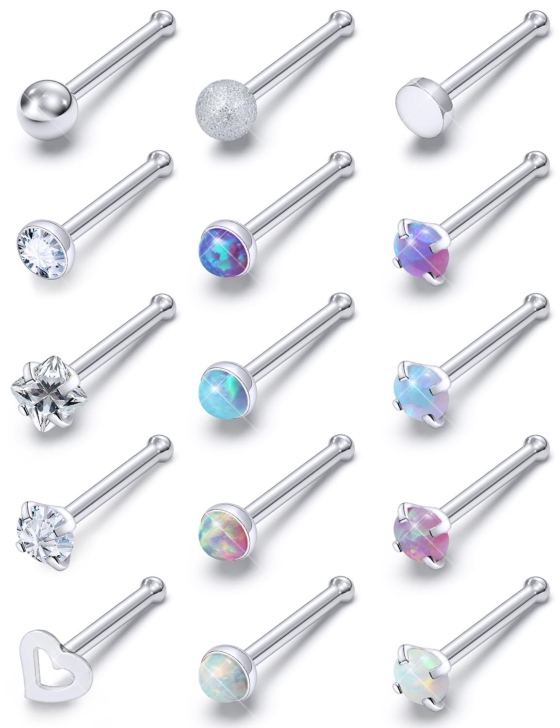 EakxnigOpal Nose Rings Studs 20G 18G Surgical Steel Nose Stud Nose Piercing  Jewelry Top CZ 2mm 3mm Straight L Screw Nose Ring Stud Heart