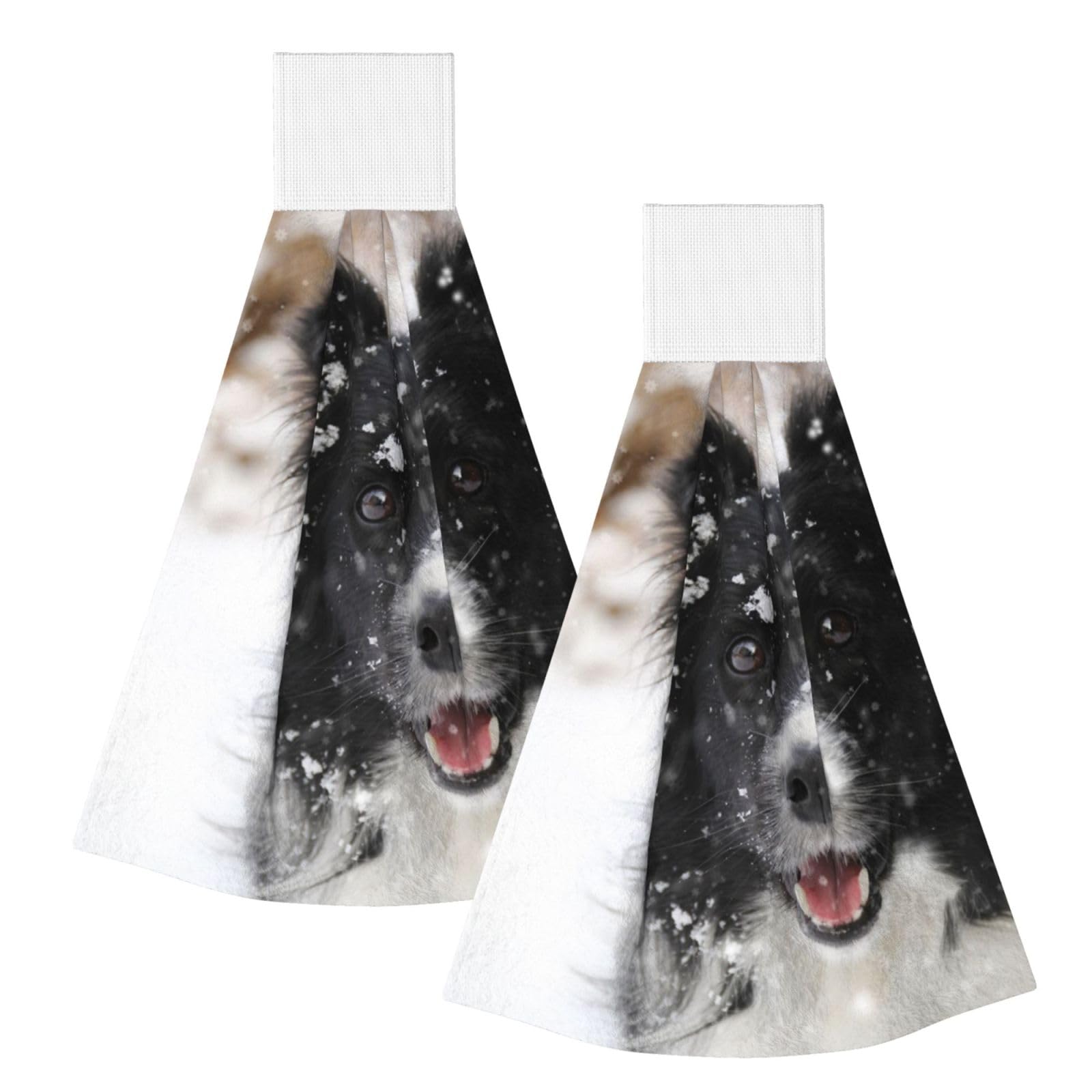 DOPKLNA Border Collie Snow Dog, 2 Pcs Hanging Coral Fiber Hand Towels for Bathroom, Absorbent Kitchen Towels