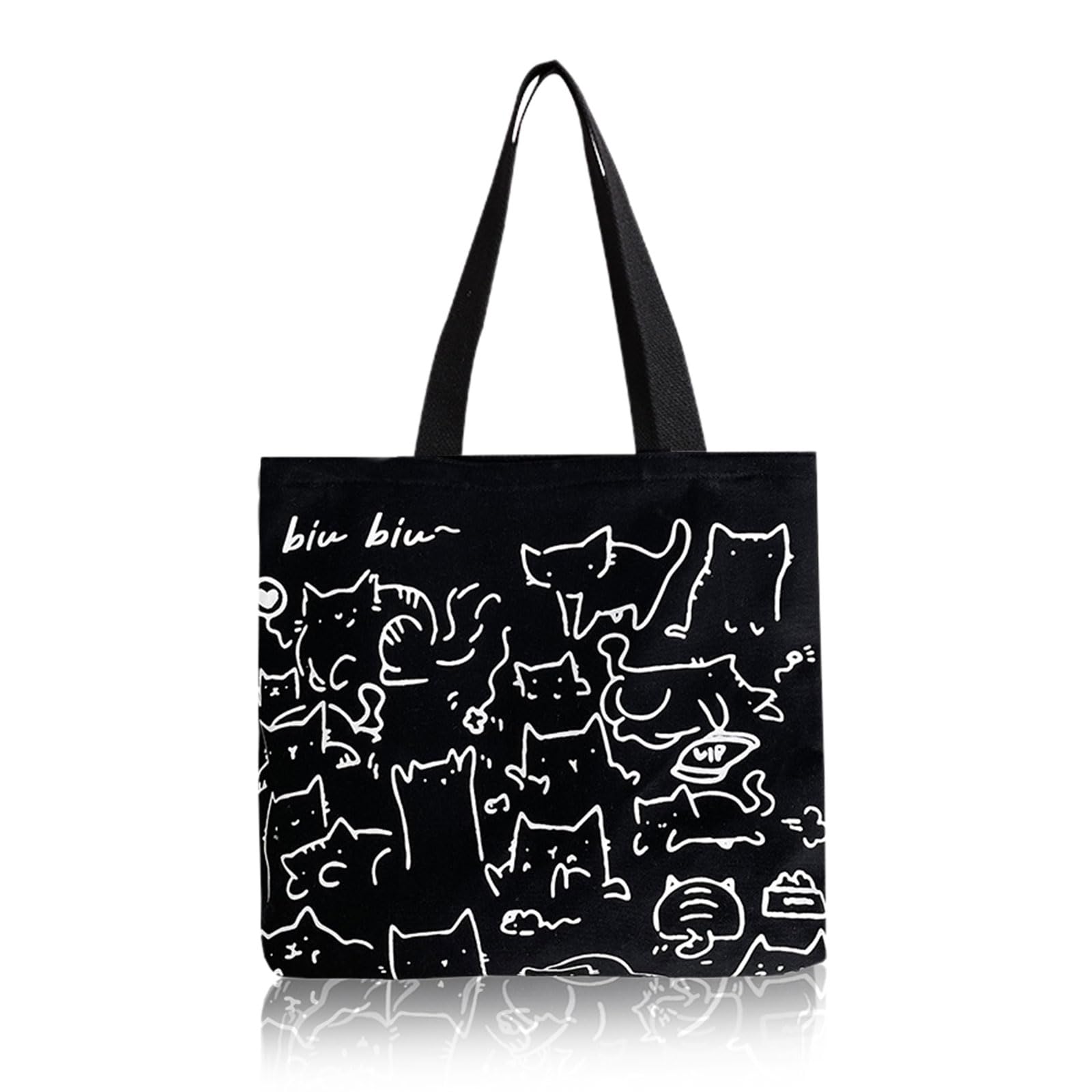 MIVAIUNBolso Tote de Lona Gato Negro,Bolso de Playa para Mujer,Con Cremallera,Bonita Bolsa de la Compra Reutilizable,Bolsa de la Compra Lavable y Plegable,Regalo para Amantes de Los Gatos
