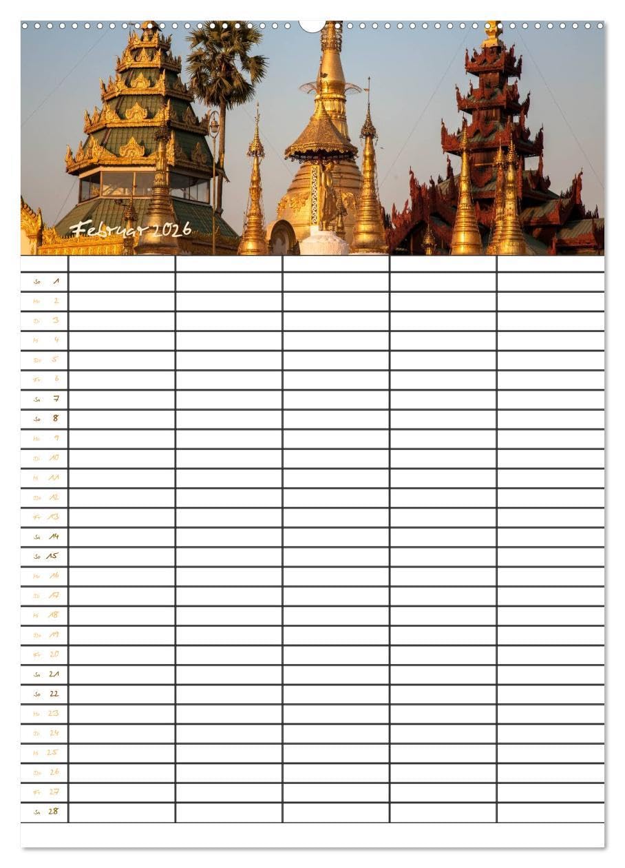 Goldenes Myanmar - Familienkalender 2026 (Wandkalender 2026 DIN A2 hoch), CALVENDO Monatskalender: Myanmar - das Land der Pagoden, Klöster, Mönche und ... 5 Spalten für Ihre Einträge. (CALVENDO Orte)
