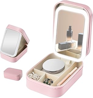 Neceser de cosméticos con espejo iluminado, bolsa de maquillaje con espejo de 3 colores de luz LED, bolsa de maquillaje portátil con divisores, estuche de viaje, regalo para mujeres, Rosa.,