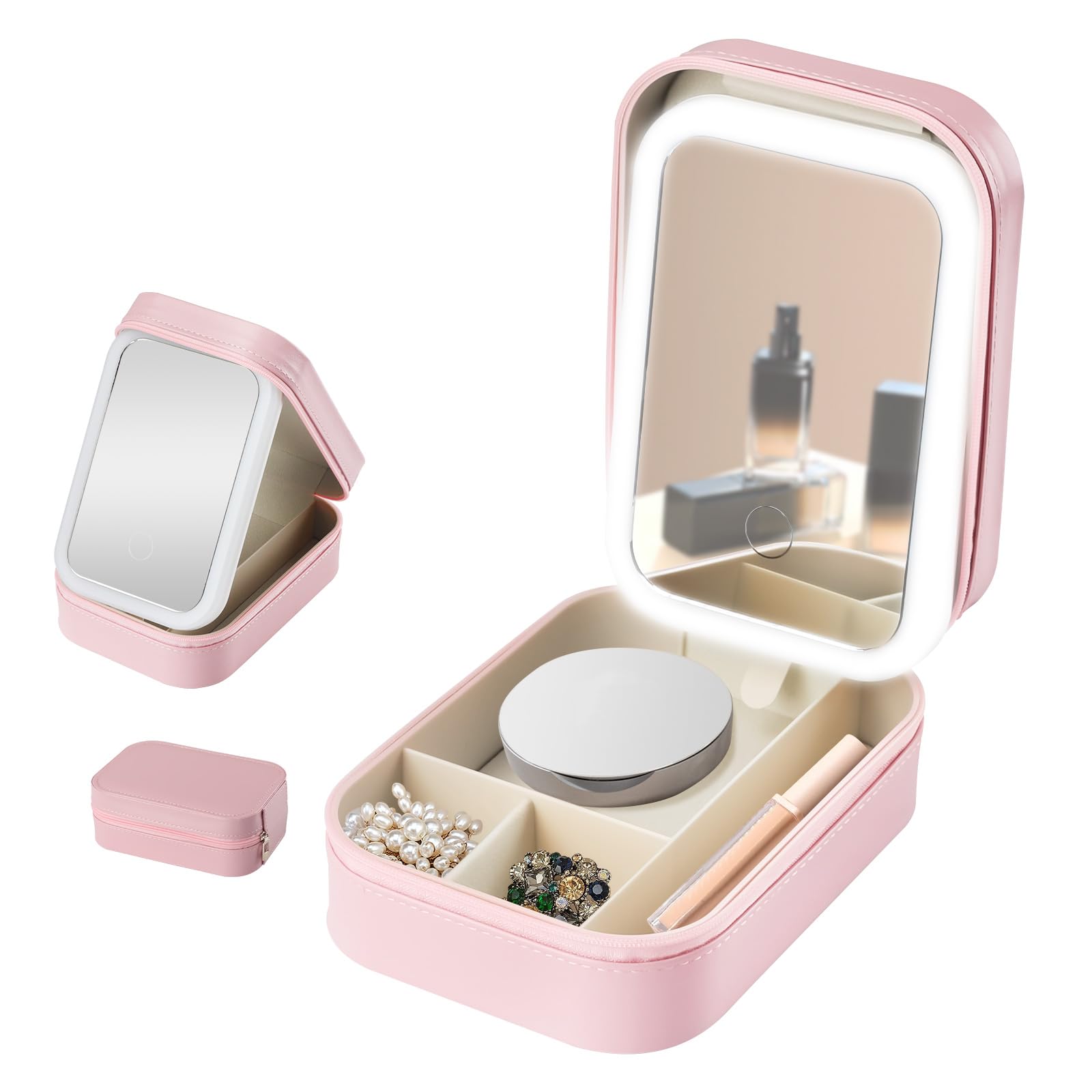 Travel Makeup Bag, Makeup Vanity Box with Mirror and Lights, Vanity Case with 4 Dividers Compartment for Women, 3 Colors Modes (Pink)