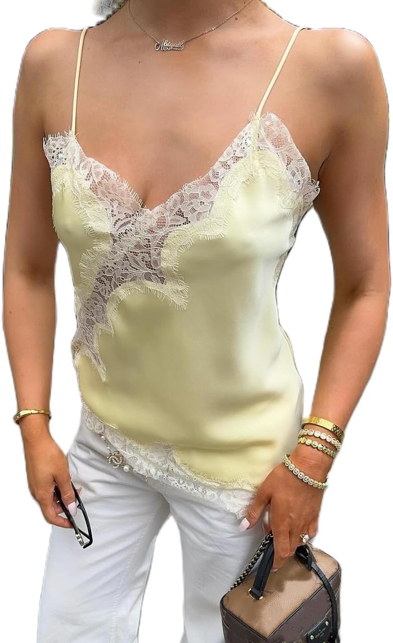 Women Satin Lace Camisole Top Sleeveless Spaghetti Strap Silk Lace Trim Cami Top Asymmetrical Tank Top Streewear