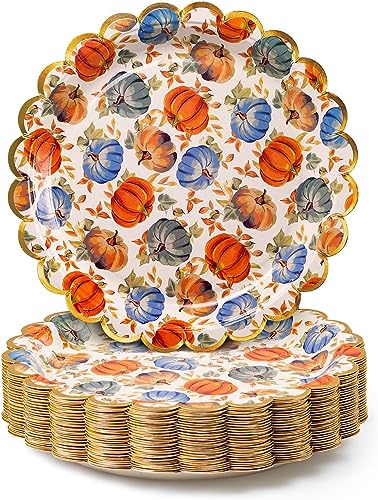 Image of Confettiville Thanksgiving Paper Plates, 50-Count Fall-Themed Decorative Disposable Serving Plates, Pale Apricot, Gold Foil Scalloped Edge, 9 Inches