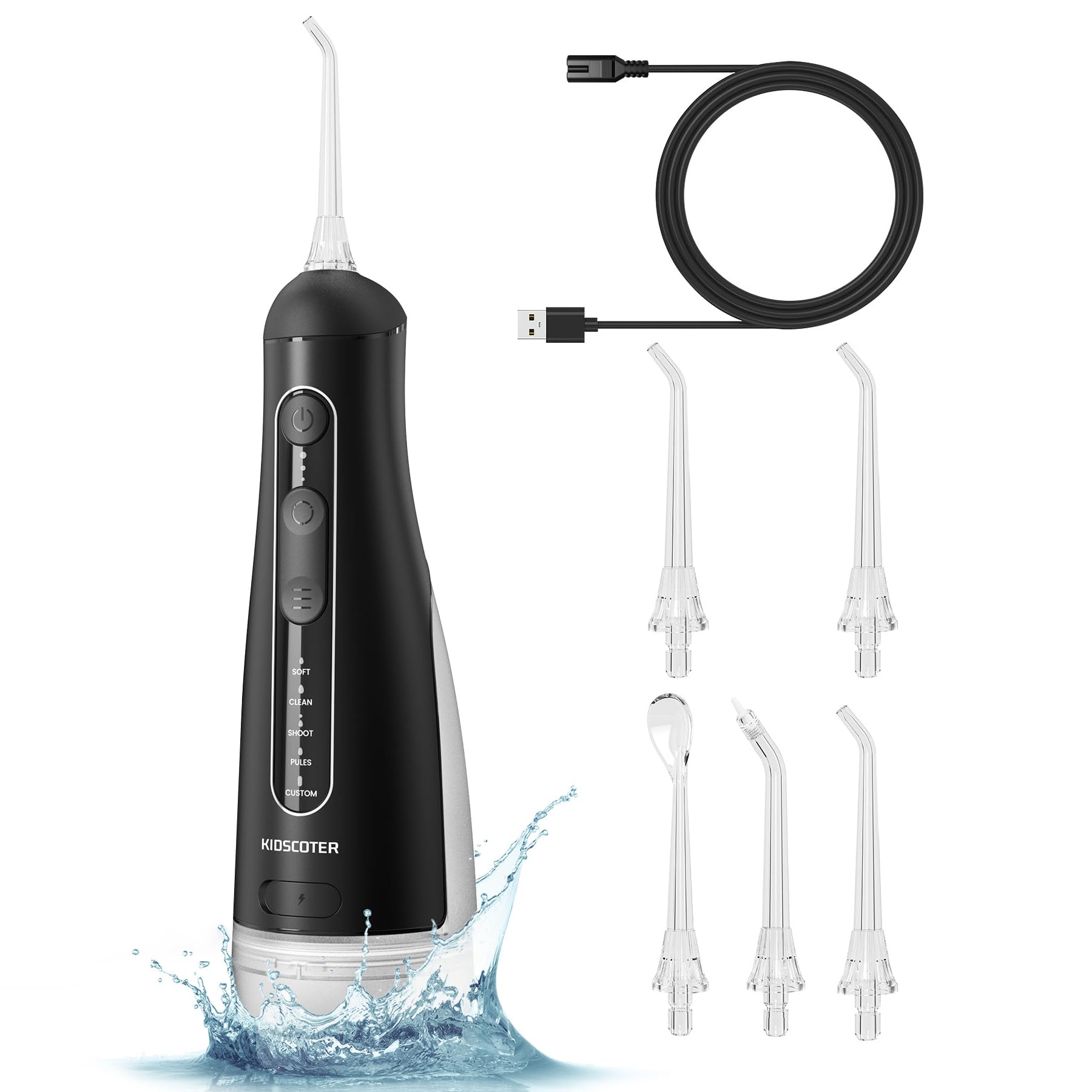 Zahnseide mit abnehmbarem waschbarem Tank, 5 Modi, wiederaufladbar, schnurlos, Munddusche, 300 ml, tragbare Zahnseide, IPX7 wasserdicht für Zuhause und Reisen, Schwarz