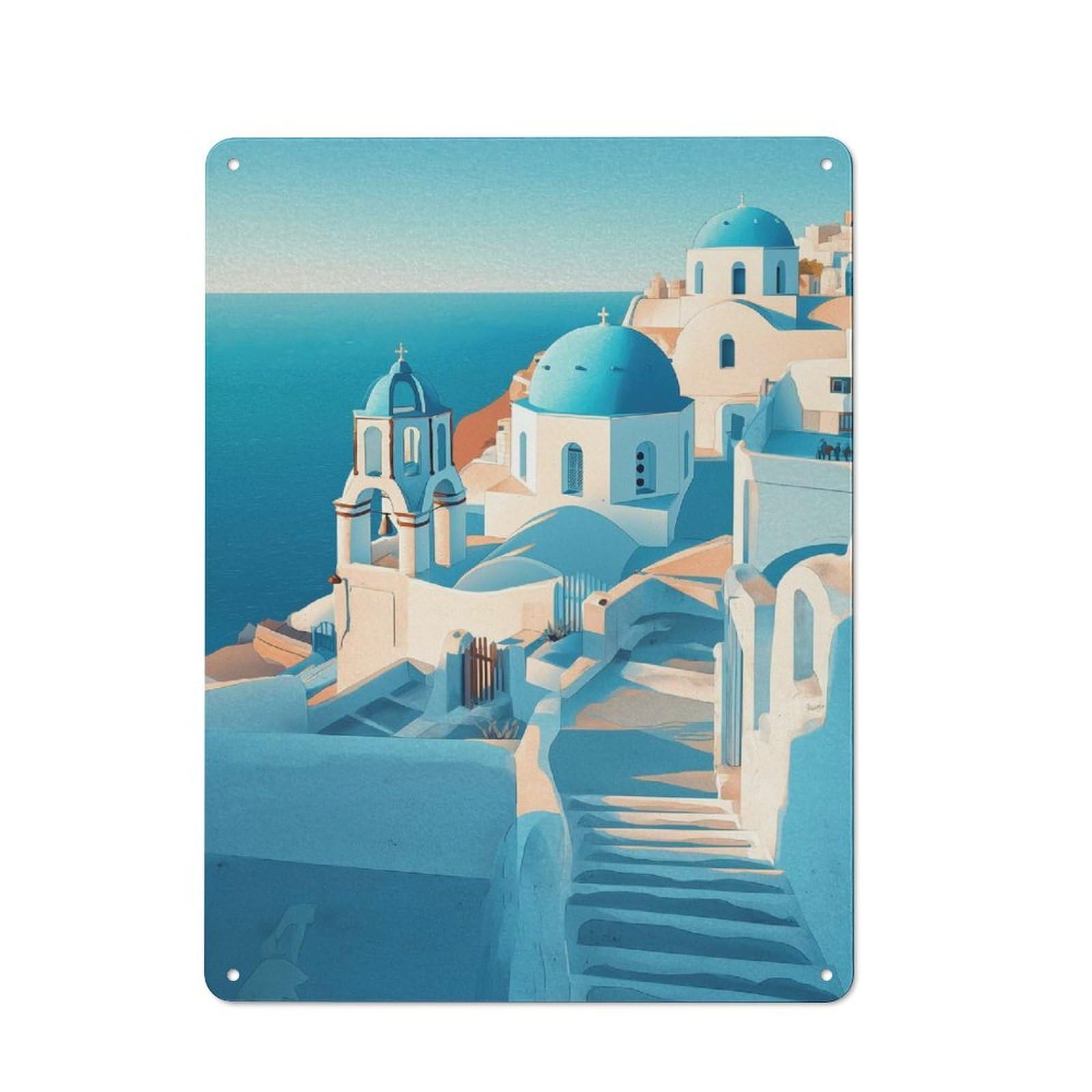Junmoney Style-24 Vintage Tin Sign 40X30cm With Santorini Island Churches For Bar Or Restaurant, Suited To Bar Decor Enthusiasts