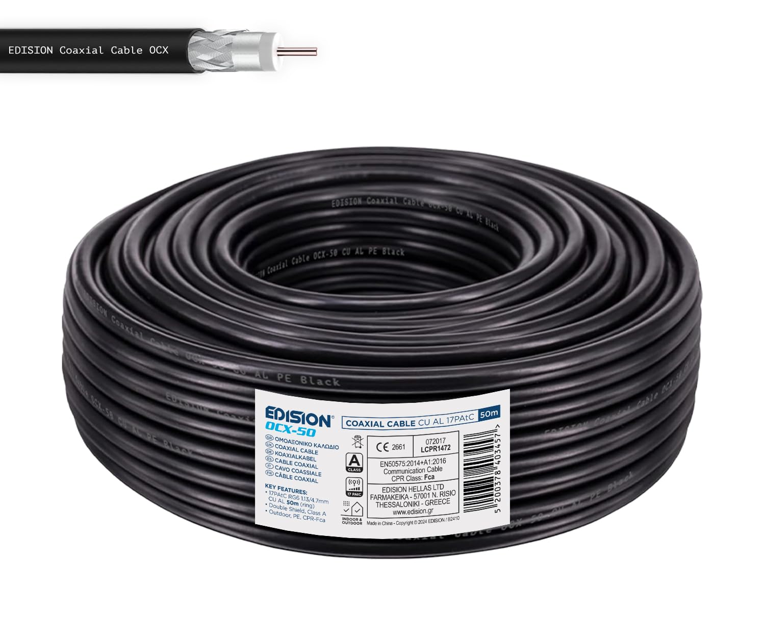 EDISION OCX-50 Cavo Coassiale SAT 50m, Antenna TV PE Nero, Rame CU/AL, 17PAtC, CPR Fca, Classe A per DVB-S2/T/T2/C, RADIO - Bobina