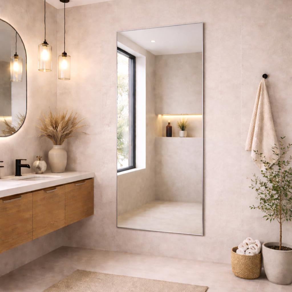 Full Length Frameless Bathroom Mirror 174 x 85cm – Large Rectangular Wall Mounted Mirror – Modern Polished Edge Glass – Portrait or Landscape Hanging