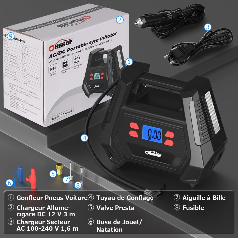 Oasser Compresseur Voiture Compresseur à Air Portatif 12v 220V Gonfleur Pneus Voiture AC/DC Double Alimentation Maison ou Allume-Cigare 150PSI pour Voitures Motos Vélos Balles