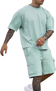Men's 2 Piece Outfits Casual Tracksuit Cargo Shorts Summer Athletic Drop Shoulder Sleeve Sportwear Set