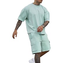 Mens 2 Piece Outfits Casual Tracksuit Cargo Shorts Summer Athletic Drop Shoulder Sleeve Sportwear Set