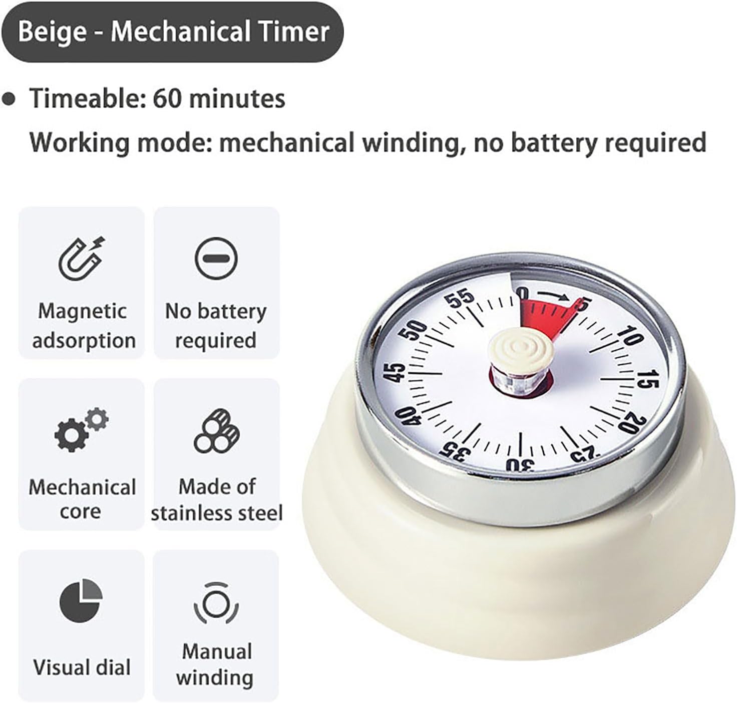 Elegant Stainless Steel Vintage Kitchen Timer with Magnetic Attachment - 60-Minute Countdown & Audible Alarm, Perfect for Cooking, Office Tasks, and Study Sessions (01-Beige)