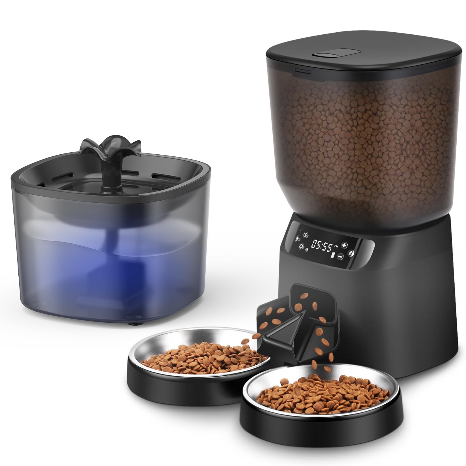 Photo 1 of Automatic Cat Feeder and Water Dispenser Set, 5L/20 Cups Timed Cat Dry Food Dispenser, 2L Cats Water Fountain for Drinking with Filter, 10s Meal Call, 20 Portions 6 Meals Per Day