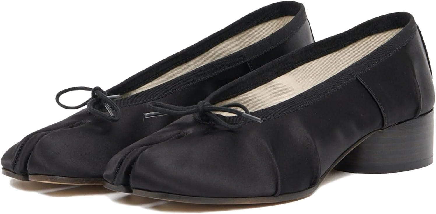 KOKOMOMO Black Split Toe Ballet Heels for Women Japanese Tabi Shoes Cylindrical Low Heels Pumps Chunky Block Heel Office Wedding Party Dress Shoes 1.2 INCH