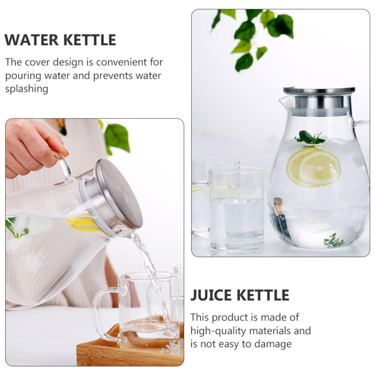 Jarra de Agua de Vidrio Tapa, Gran Capacidad y Acero Inoxidable, Práctica para Servir sin Salpicaduras Hogar