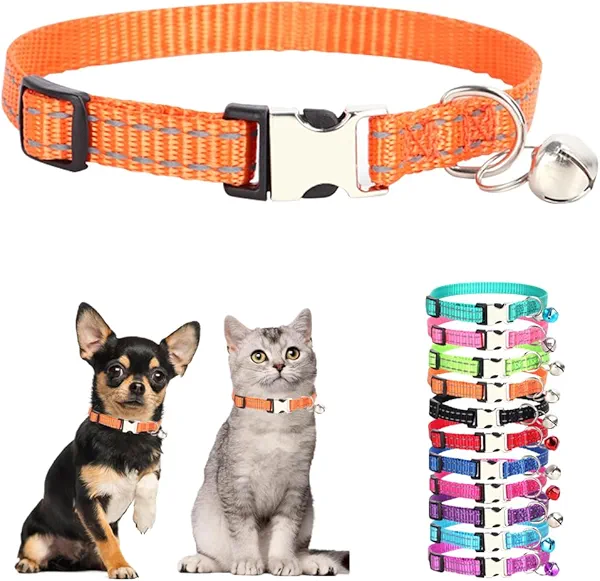 Hot Pink Xs Dog Collar Girl with Bell, Reflective Nylon Girl Cat Collar with Bell, Small Dog Collar for XXS Xs Tiny Little Pet Neck 7.5-11 Inch Orange XS for Neck 7.5-11"