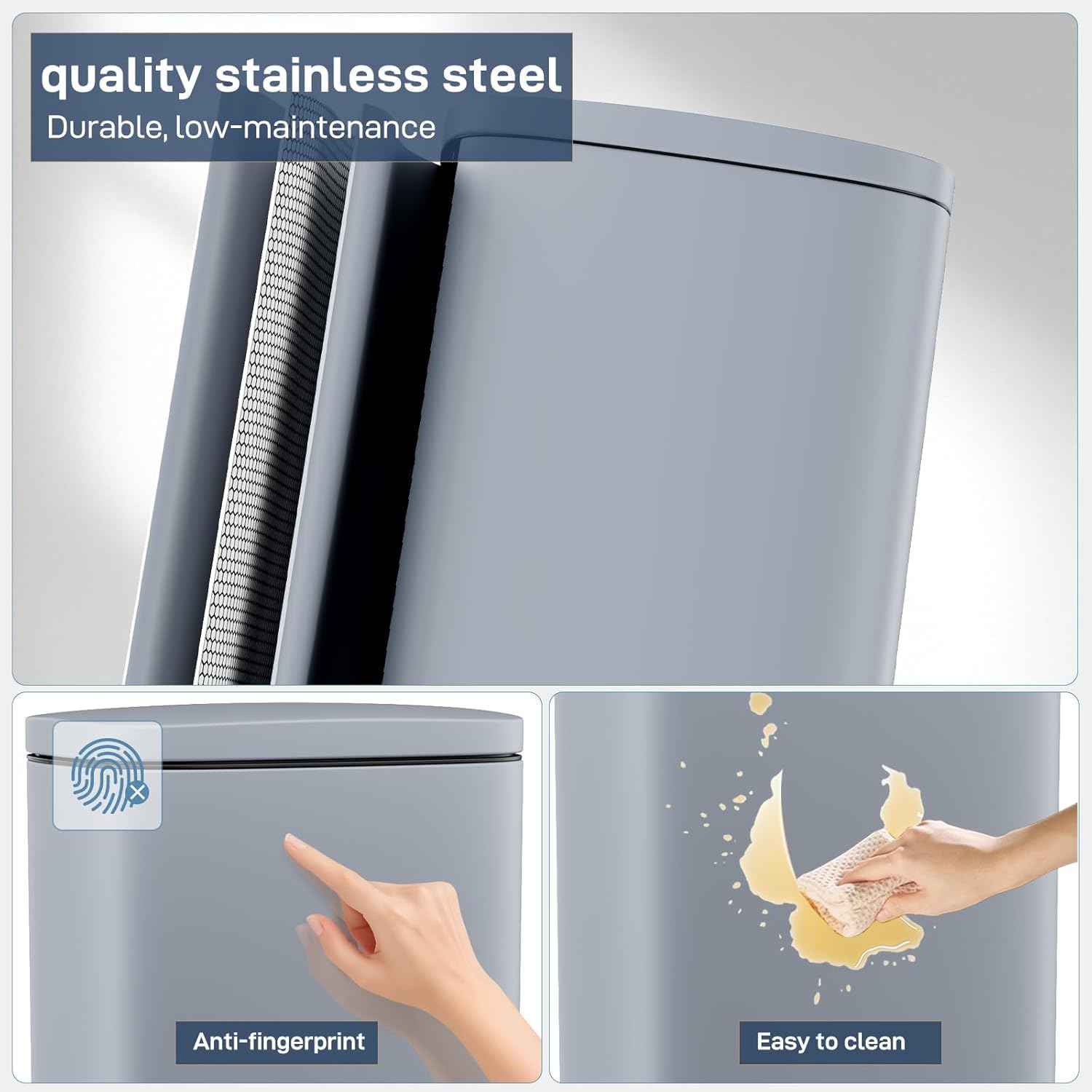 Clevich Mülleimer 50L aus Stahl, Abfalleimer, Tretmülleimer mit Soft-Close Deckel, Fußpeda, abnehmbarer Inneneimer aus Kunststoff, für Küche, Badezimmer, Büro - Grau