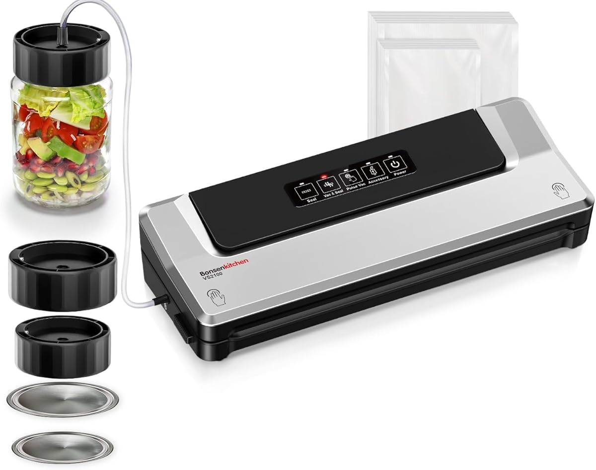Bonsenkitchen Vacuum Sealer Machine with Mason Jar Sealer Kit | Compact Food Sealer for Kitchen Storage & Meal Prep | Multiple Modes​​ | External Vacuum System & 40 Vacuum Bags, Silver