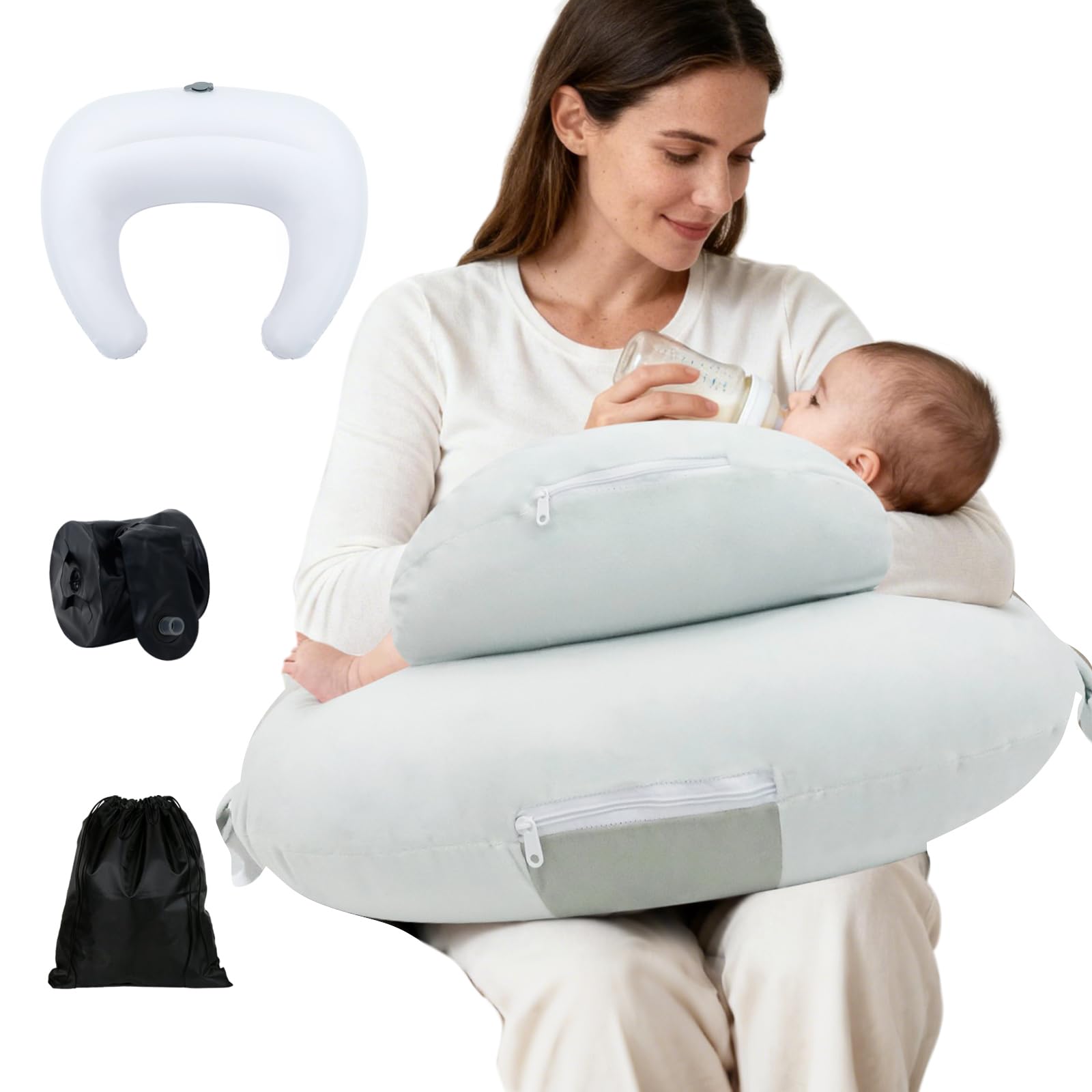 Kleines Stillkissen, Aufblasbares Stillkissen Mond Ideal für Reisen, Nursing Pillow mit Gurt für Rückenentlastung Unterstützt, Stillen und Flaschenfütterung (Grün)