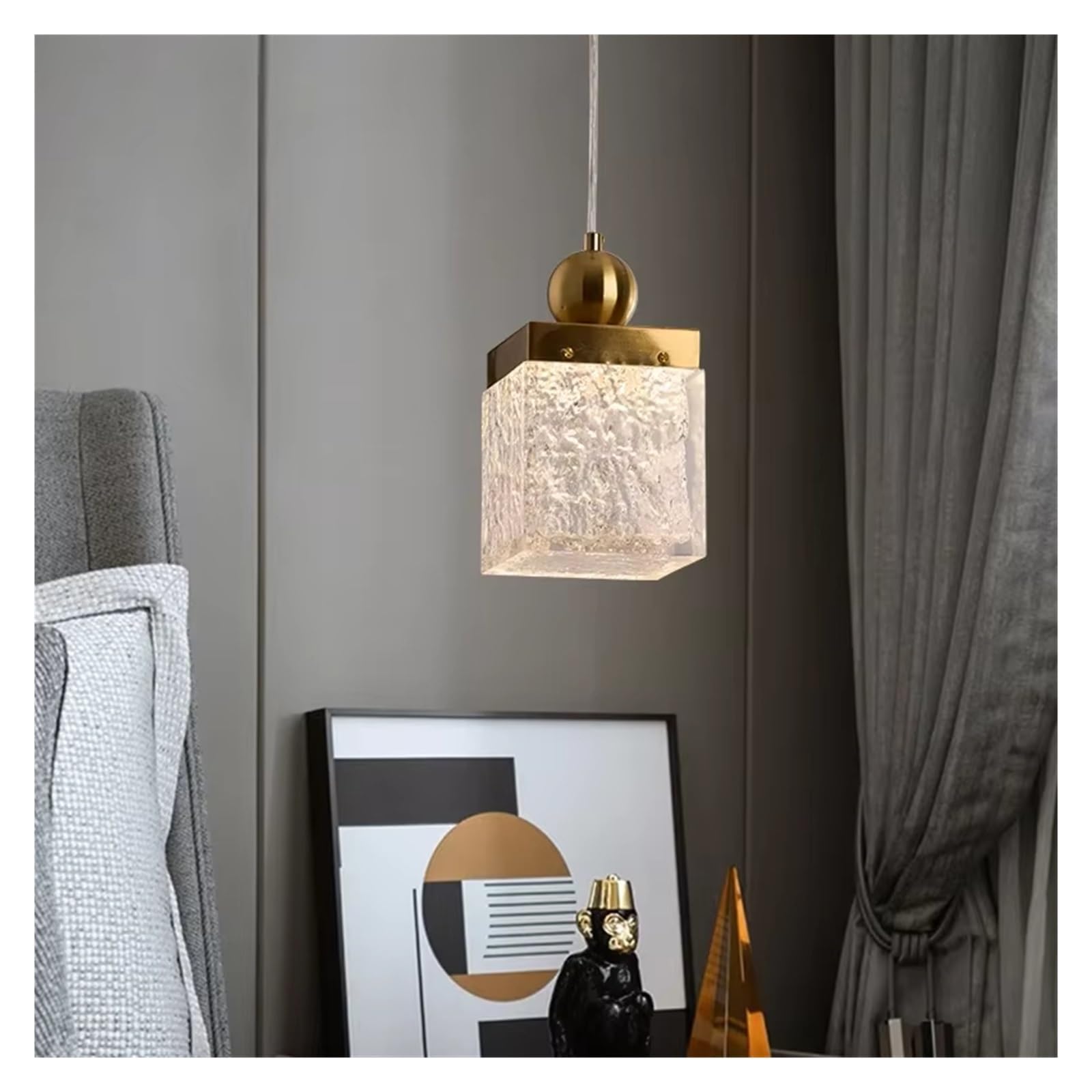 ASerZenith Nordic Gold Square Chandelier Resin Simple Long Line Single Head Restaurant Bedroom Bedside Small Chandelier,Gold-Cold White