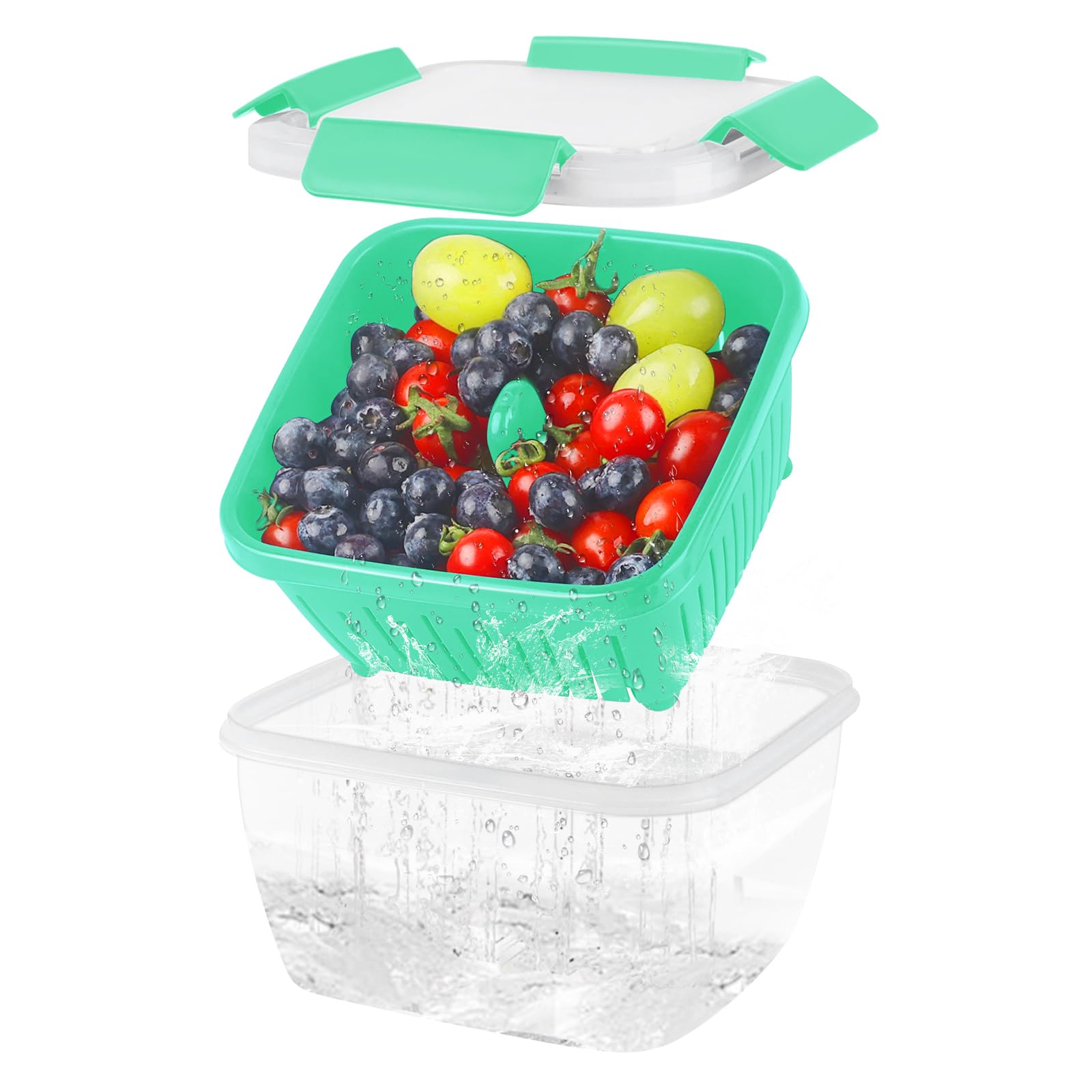 50oz Berry Keeper Fruit Storage Container for Fridge, Fresh Food Produce Saver Containers with Removable Drain Colander, Vegetable Lettuce Keeper Bowl, Refrigerator Organizer, PRESS TO OPEN CLOSE LID