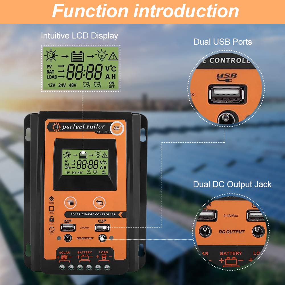 Solar Panel Controller, 12V/24V A MPPT Solar Charge Controller Solar Panel Battery Regulator Dual USB LCD Display(50A)