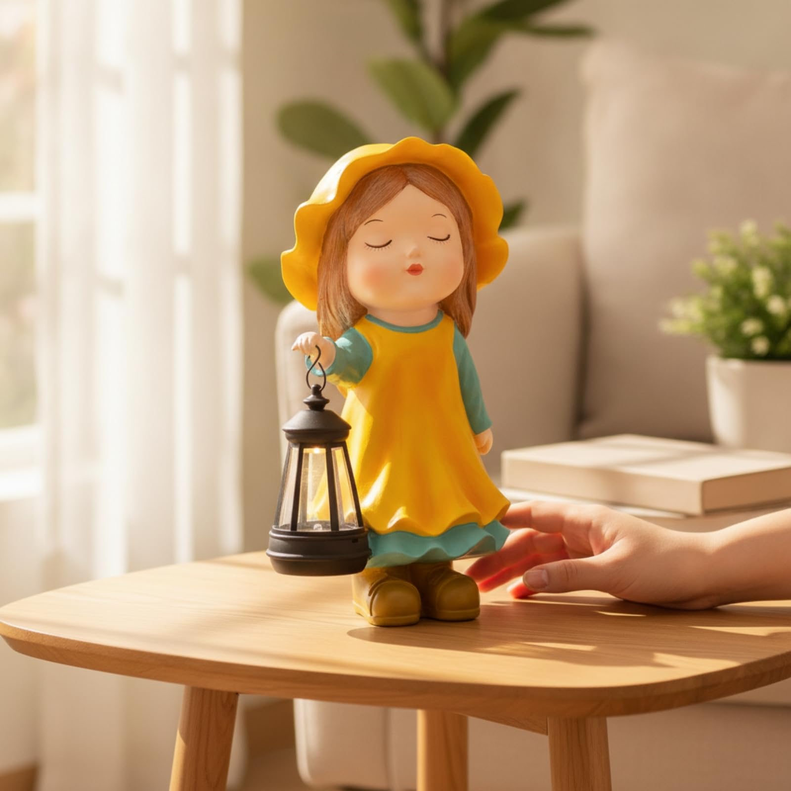 Statuetta con Lanterna Compatta Scultura, Stile Rustico Con Design A Forma Di Bambina Con Lanterna Decorativa