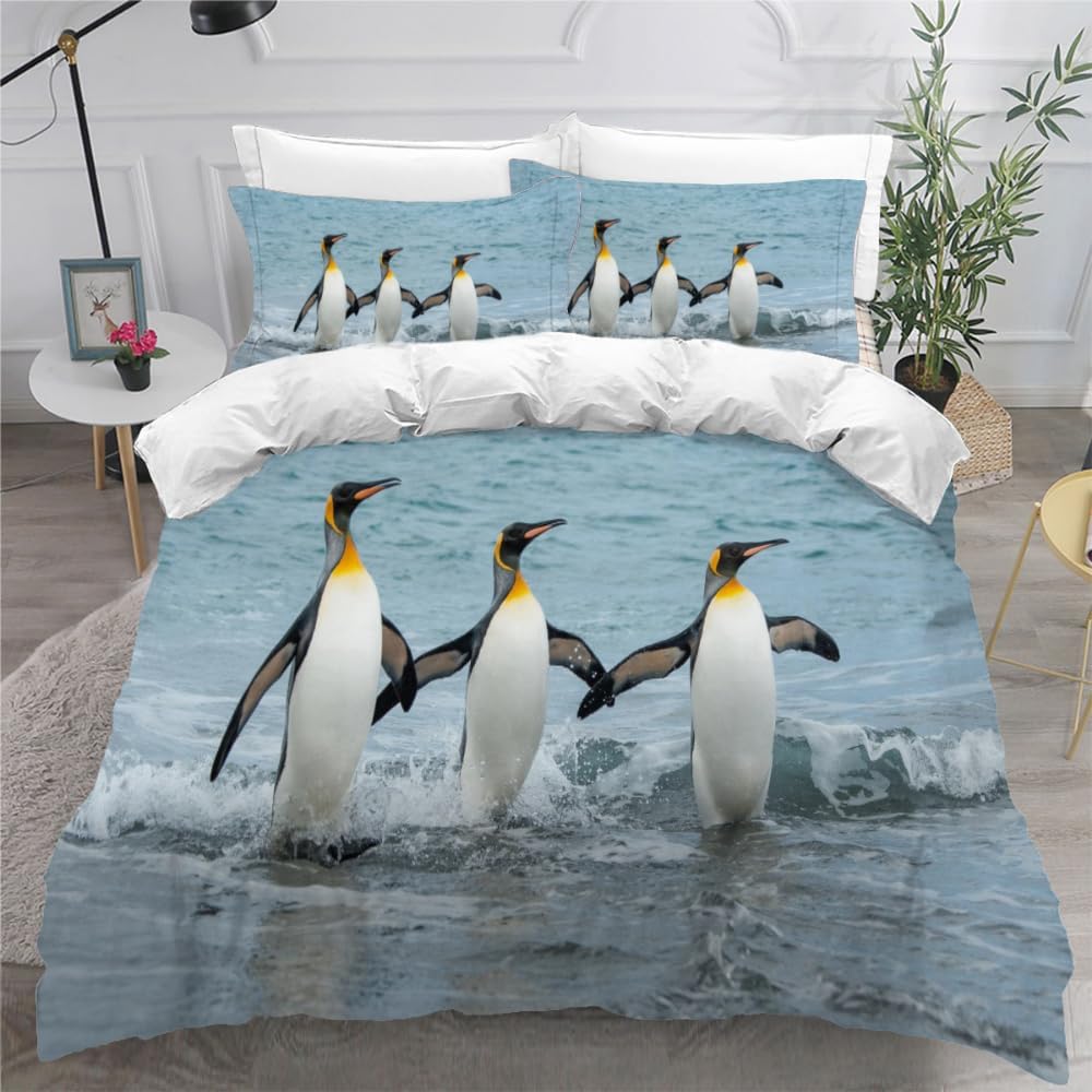 Mevasa Girls Color1 Single Bed Kids Bedding Penguin Duvet Cover Set Kids Teens Boys Single Bedding Cute Penguin Fluffy Microfiber Hypoallergenic Single Duvet Cover 3 Pieces /135X200