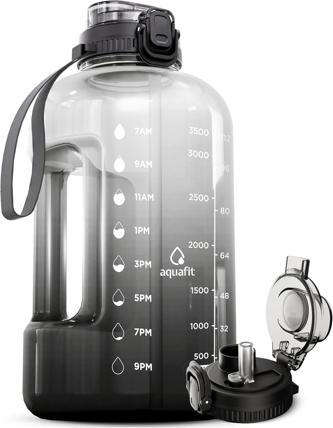 AQUAFIT One Gallon Water Bottle With Time Marker - 128 oz Water Bottle With Straw - Gym Water Bottle With Strap - Big Water Bottle - Reusable Water Bottles With Straw - Large Water Bottle With Handle
