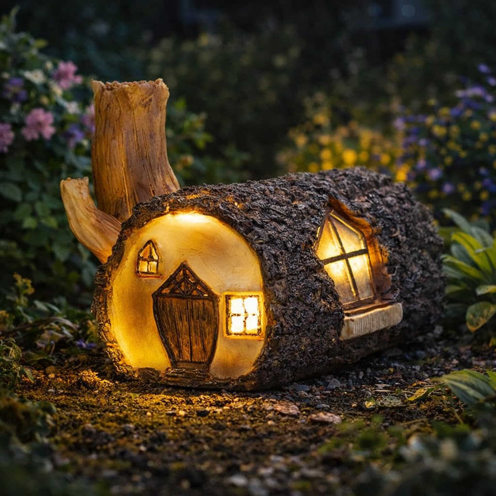 Garden Mile Brown Solar Powered Light Up Log Fairy House Garden Solar Lighting Indoor Outdoor Ornament Wood Effect Resin Decoration - Solar Lights Outdoor Garden