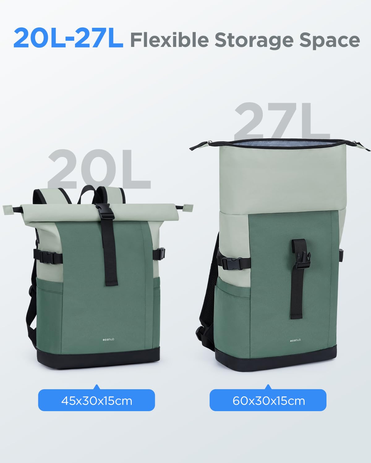 Der ECOHUB Rolltop Rucksack in der Farbe Forest Sage zeigt sein urbanes Design und den praktischen Rolltop-Verschluss.