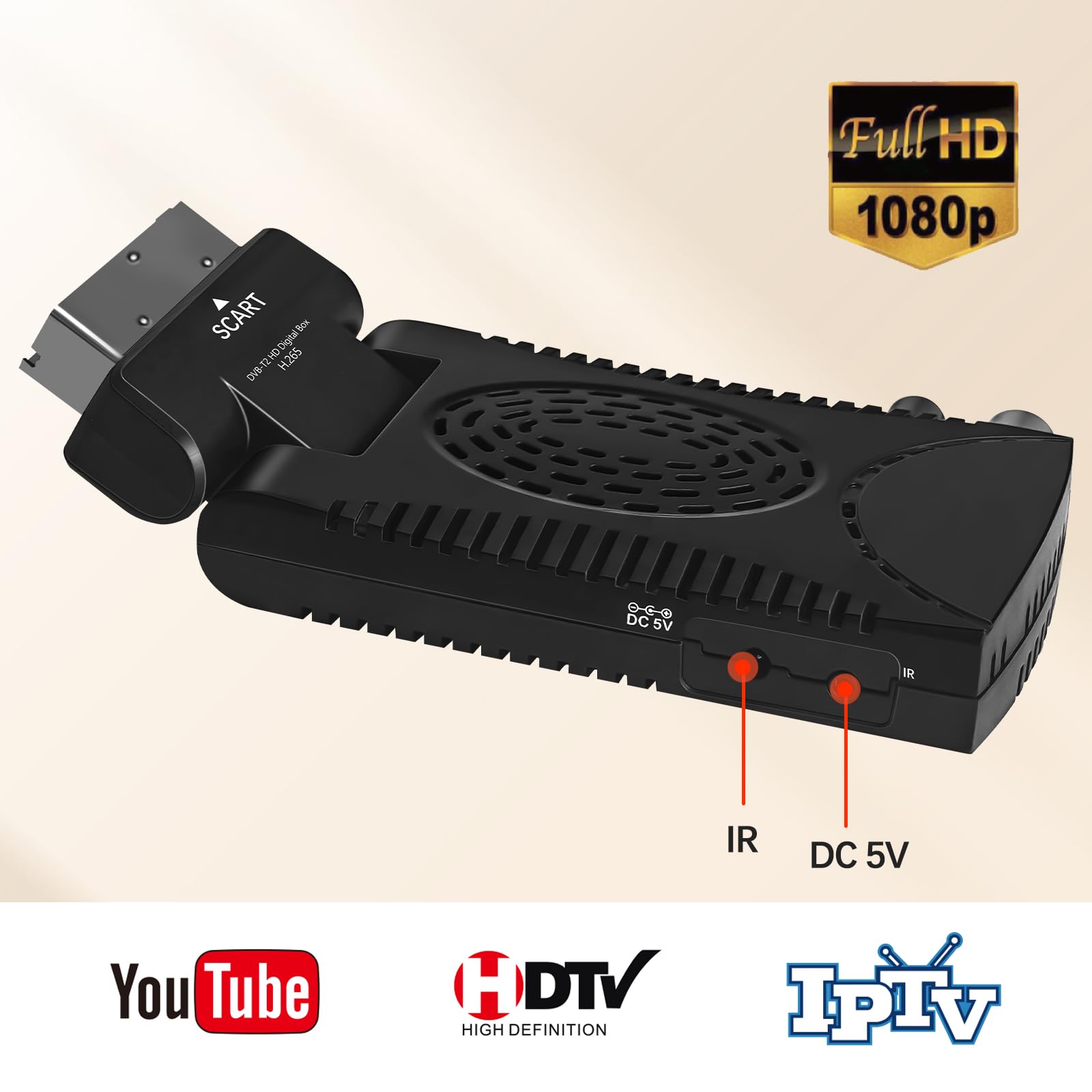 Mini Decodificador TDT HD - DVB-T T2 H.265 HEVC Full HD PVR, USB, HDMI, SCART,Sintonizador de televisión Digital Terrestre, Compatible con HEVC 265 - Digital Full HD 1080p/ Dolby/MPEG-2/4, H.265