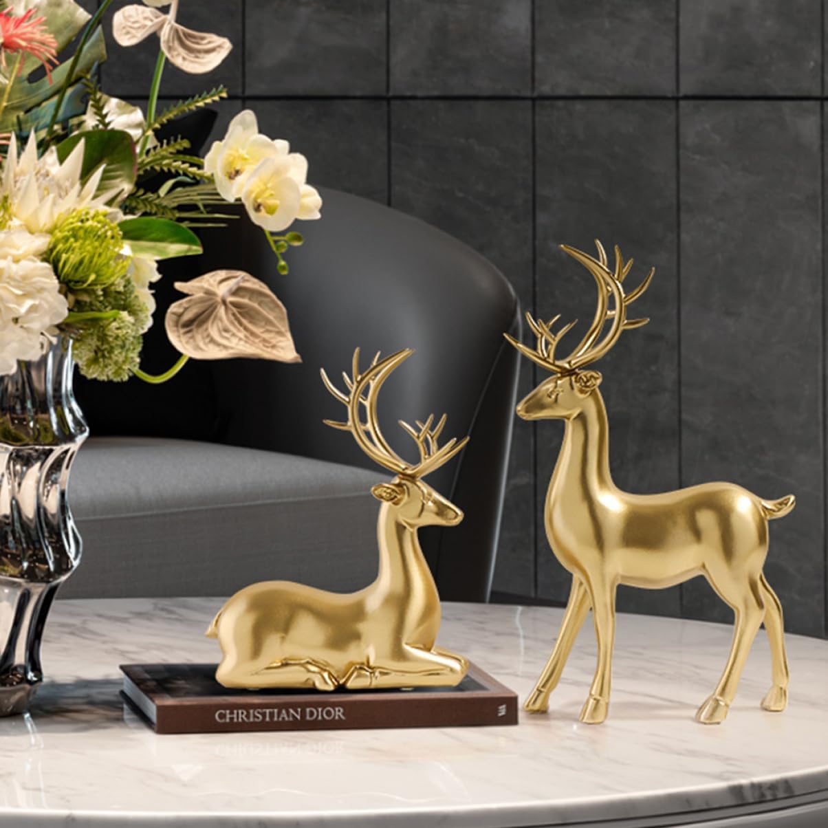 2pcs Christmas Elk Figurines Resin Ornaments for Table Decor Lovely Elk Model Sculpture for Holiday Home Adornments Xmas for