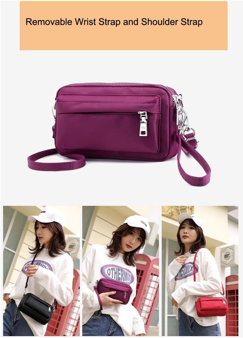 Multi-Zipper Crossbody Handbag Purse, Women's Nylon Wristlet Mini Crossbody Bag Clutch with 2 Straps