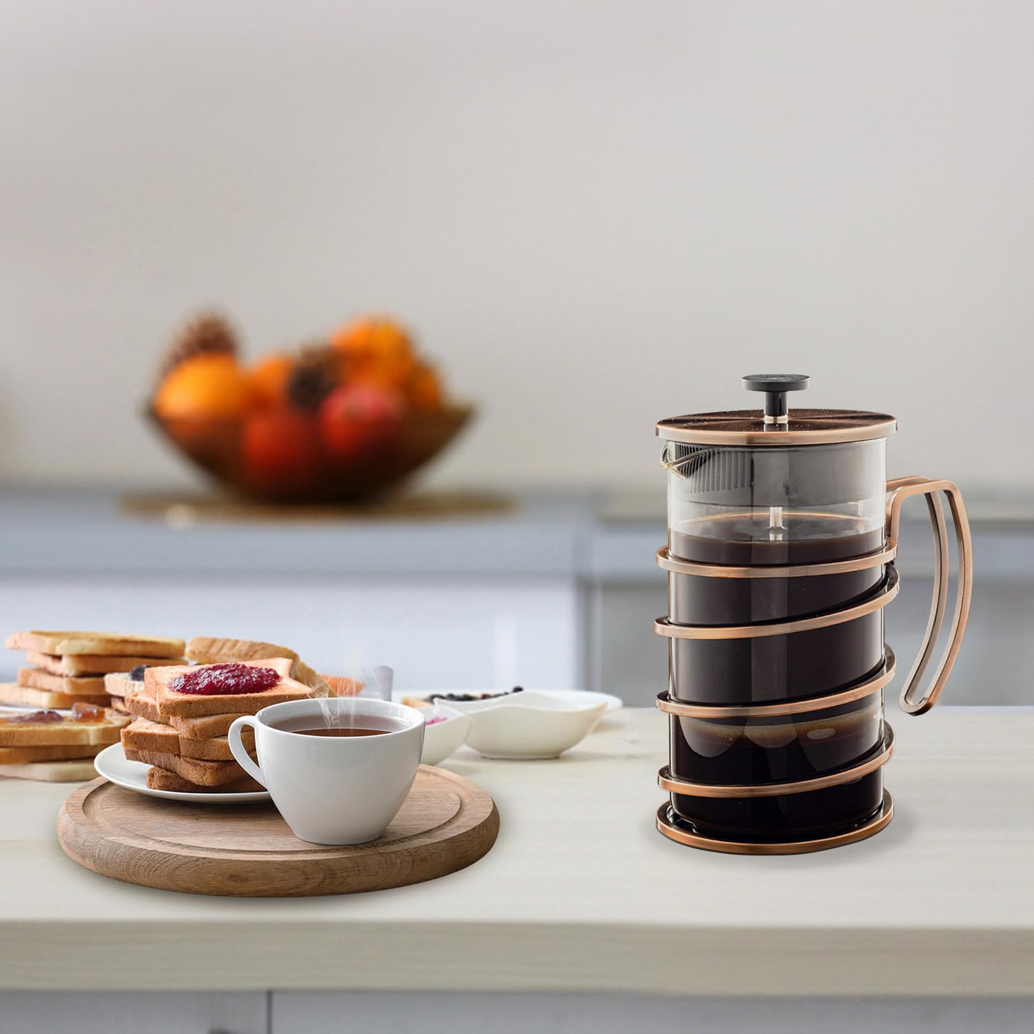 OVENTE Cafetera de prensa francesa de vidrio, 27 onzas con émbolo de filtro de acero inoxidable, preparación caliente o fría, prensa de café de viaje sin BPA, cafetera y té lista para acampar, cobre