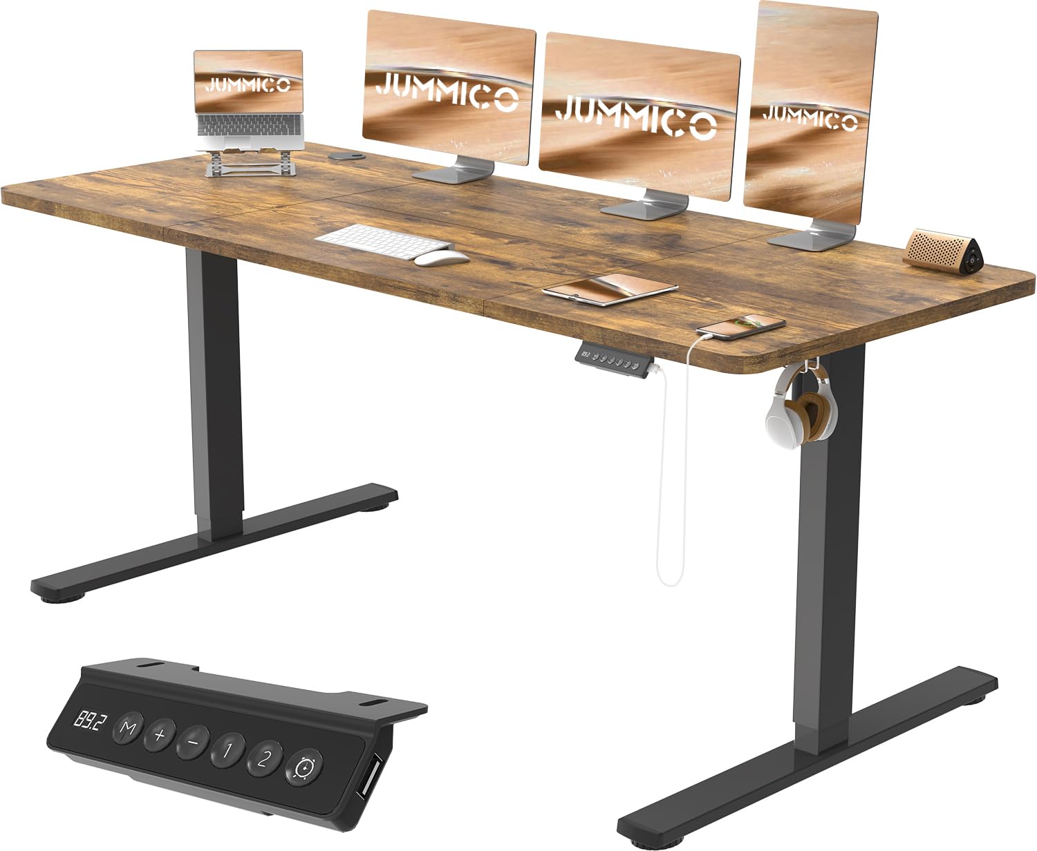 JUMMICO Escritorio Elevable Eléctrico con Cargador USB, Escritorio Regulable en Altura Ergonomica Escritorio de pie Ajustable Smart Panel con Funciones de Memoria, Standing Desk 180 x 80 cm, Marron