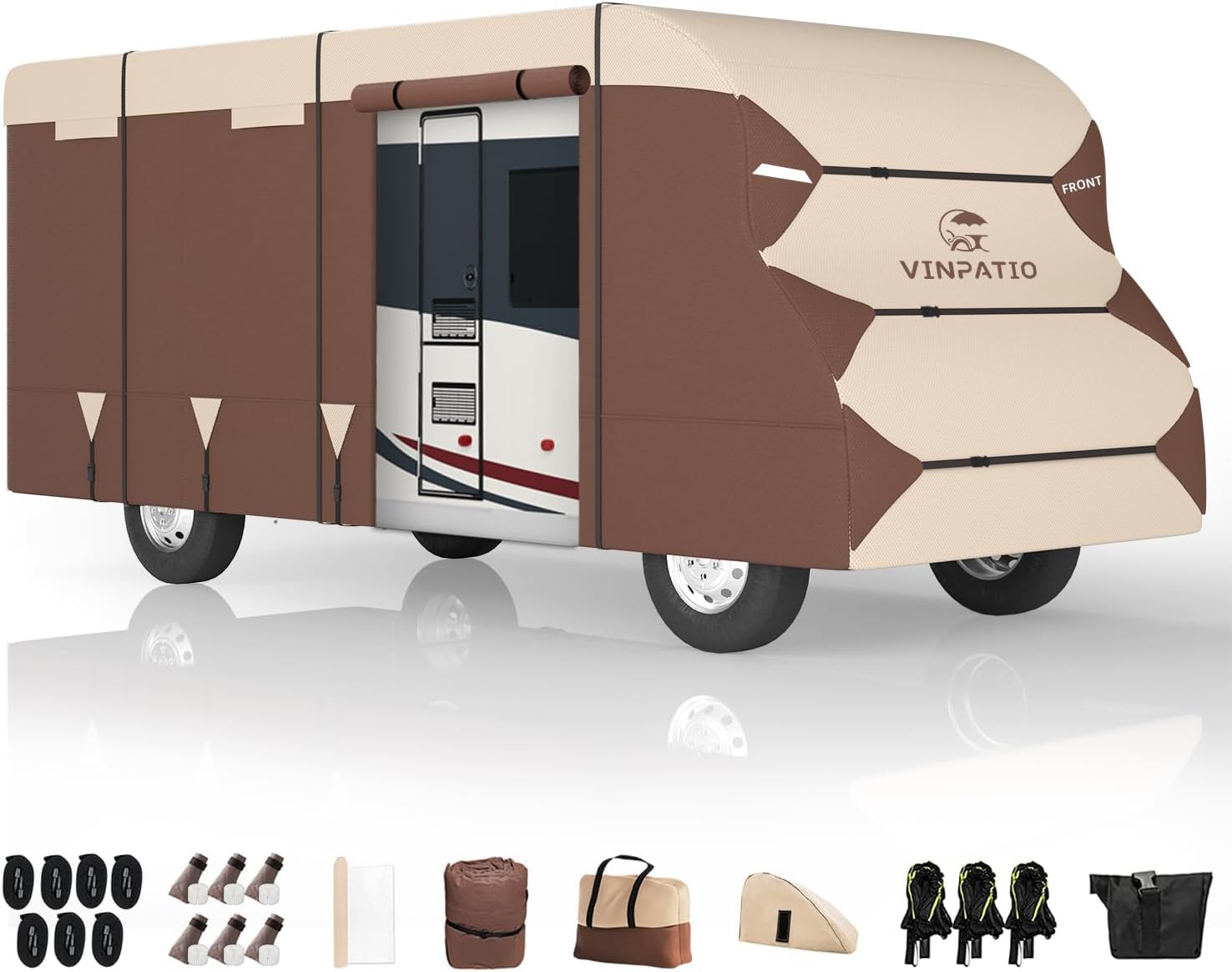 Class C RV Cover 300 Oxford Fabric Two Color Design, Fits 23'-26' RV, Heavy Duty Windproof Waterproof Anti-UV Class C Motorhome Cover with 2 Extra Long Straps, Gutter Covers Class C RV Cover(Brown) Fits 23-26FT