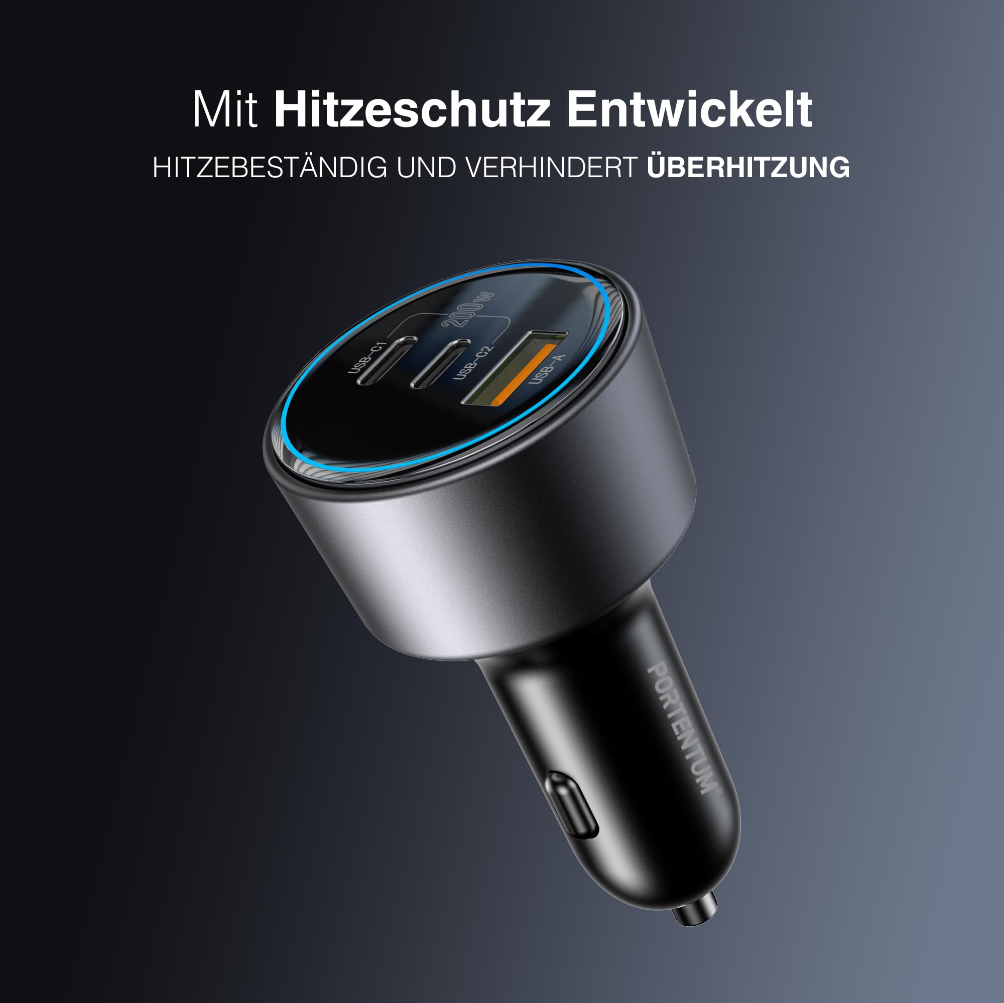 PORTENTUM Zigarettenanzünder USB C 200W + 100W USB-C Kabel – Triple Auto Ladegerät – Dual USBC PD 100W + USBA QC 18W – 12V USB Adapter Auto für iPhone iPad MacBook Android Tablet Smartphone