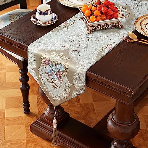 HeMiaor Chenille Jacquard Thick Table Runner Delicate Tassel for Meeting Decor and Dining Table Retro Embroidery Pattern for Christmas Festive Wedding Decoration Beige 60 inches Long
