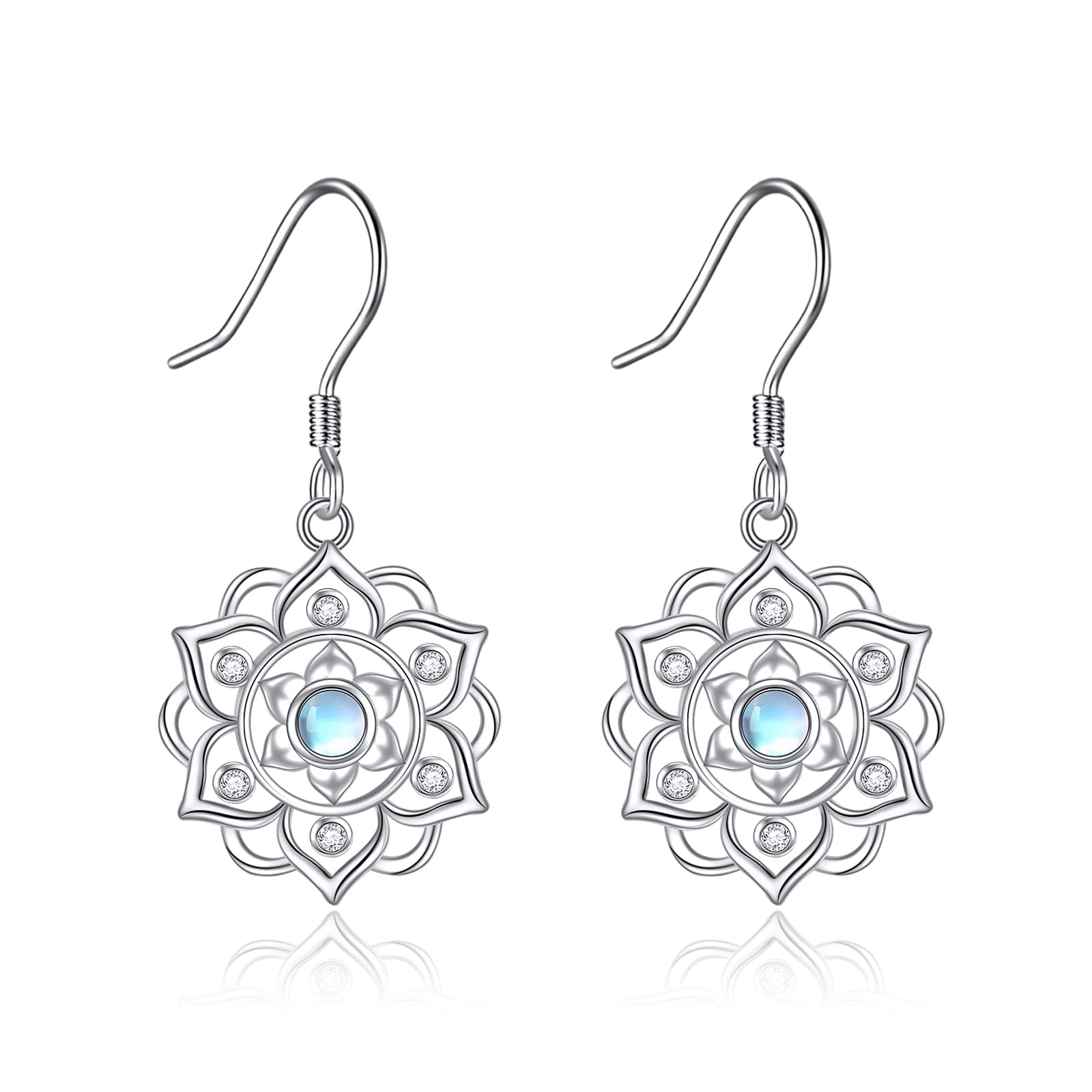 Moonstone Lotus Earrings 925 Sterling Silver Lotus Flower Dangle Drop Earrings Yoga Jewelry Gifts for Wome